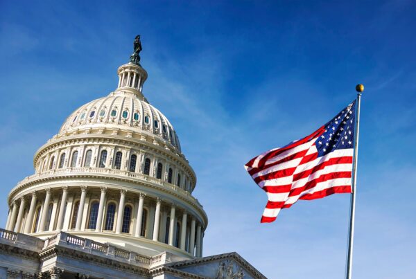 An American flag on Capitol Hill