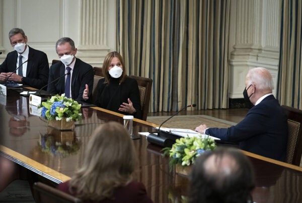 General Motors CEO Mary Barra speaks during a meeting with President Joe Biden